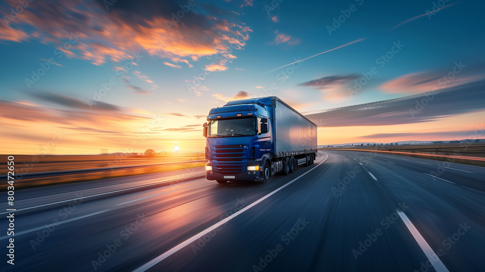 A blue semi-truck driving on a highway at sunset, with motion blur showing speed and a vibrant sky in the background.