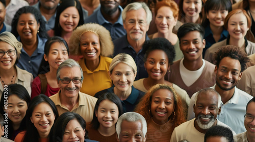 A diverse group of people of various ages and ethnic backgrounds smiling at the camera, representing unity and diversity.