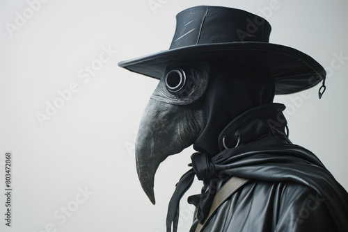 A plague doctor in a black hat and mask with a long nose and a black cape