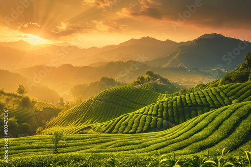 A beautiful landscape of tea plantations with a sun setting in the background
