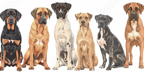 Boxer dogs of different colors sit in a row on a white background. Their appearance and expressive poses make them suitable for use in advertising products and services related to major dog breeds. photo