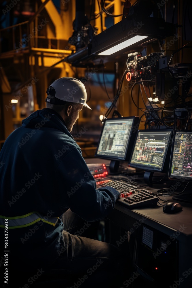 A man, VetalVit, sits at a desk with multiple monitors, monitoring drilling progress on a computer. The screens display data related to the drilling operation A man, VetalVit, sits at a desk with multiple monitors, monitoring drilling progress on a computer. The screens display data related to the drilling operation