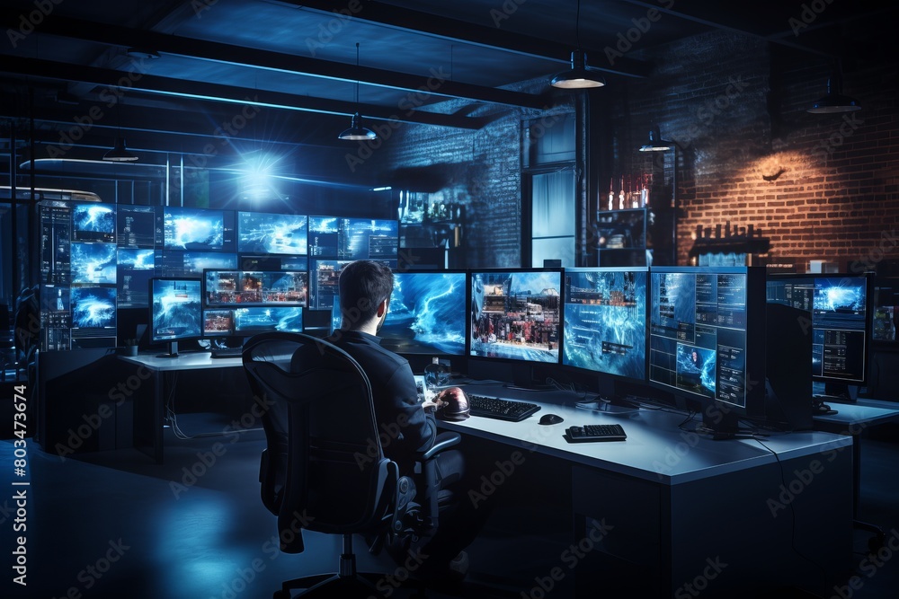 A man is seated at a desk, surrounded by multiple monitors displaying various information. He appears focused on his work, possibly in a virtual call center setup with remote agents A man is seated at a desk, surrounded by multiple monitors displaying various information. He appears focused on his work, possibly in a virtual call center setup with remote agents