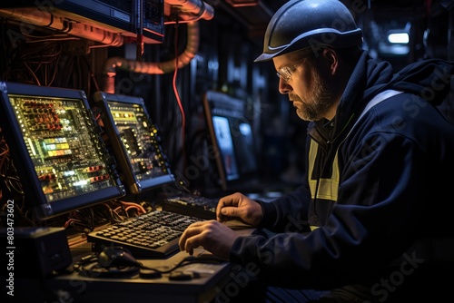 A man wearing a headset is focused on a computer screen in a dimly lit room. He is monitoring the progress of drilling operations on the screen, analyzing data and making adjustments as needed photo