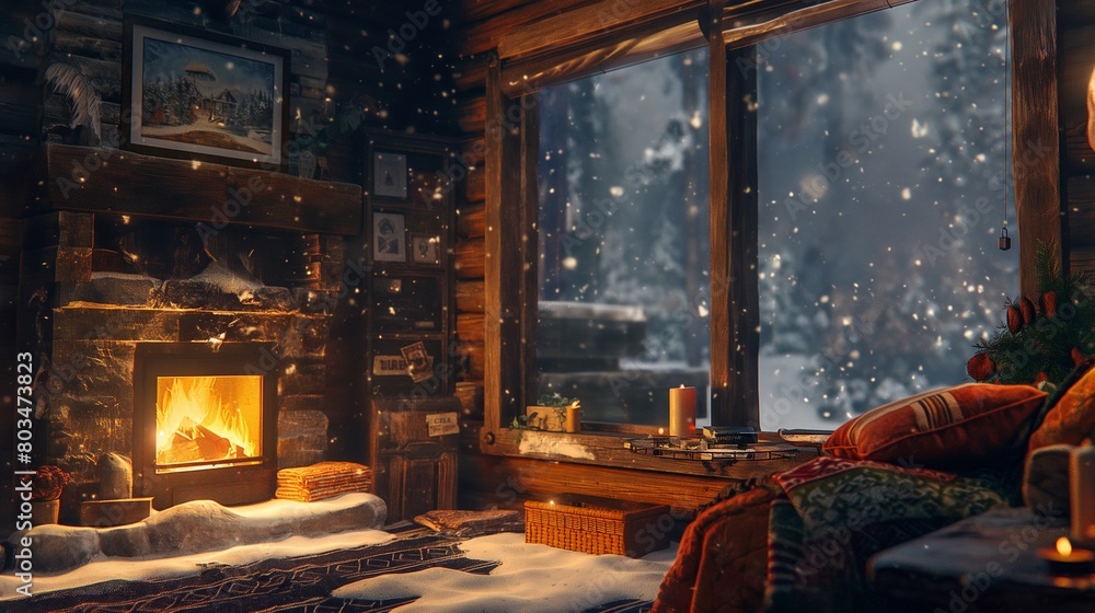 A cozy cabin retreat with a crackling fireplace and snow falling outside the window. A cozy cabin retreat with a crackling fireplace and snow falling outside the window.