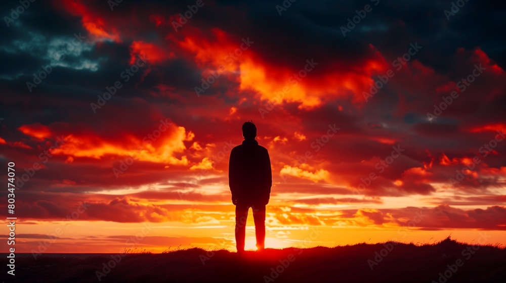 A figure silhouetted against a fiery sunset, contemplating endings and beginnings