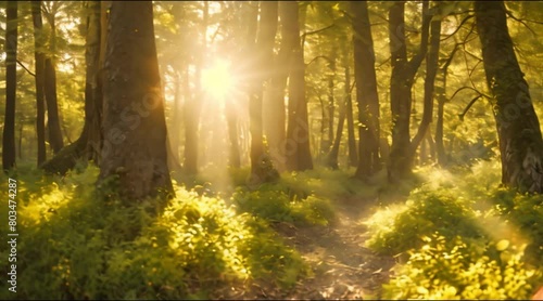 Magical forest glade bathed in golden sunlight.
