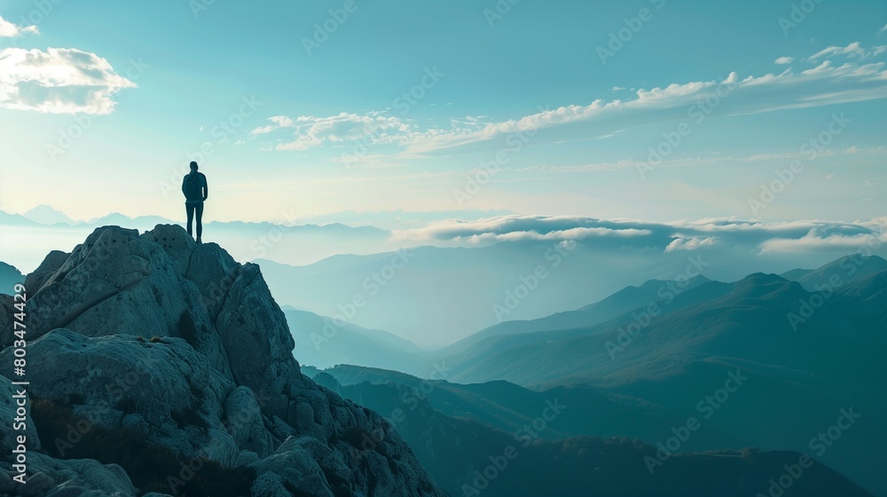 A hopeful individual standing on a mountain peak, looking towards the horizon