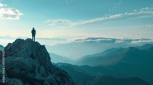 A hopeful individual standing on a mountain peak, looking towards the horizon