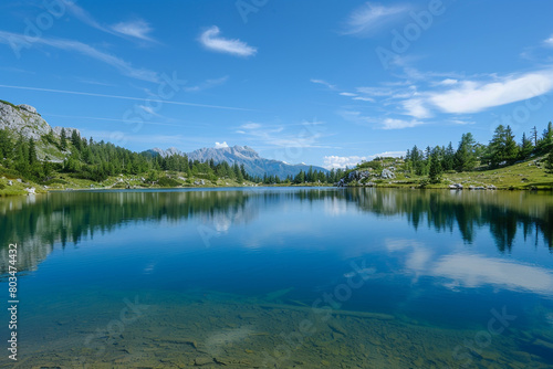 An image of a serene mountain lake reflecting a clear blue sky, capturing the beauty of stillness.