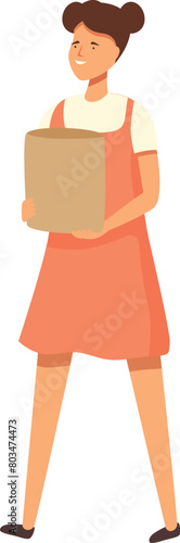 Girl take products paper bag icon cartoon vector. Help work. Daily routine