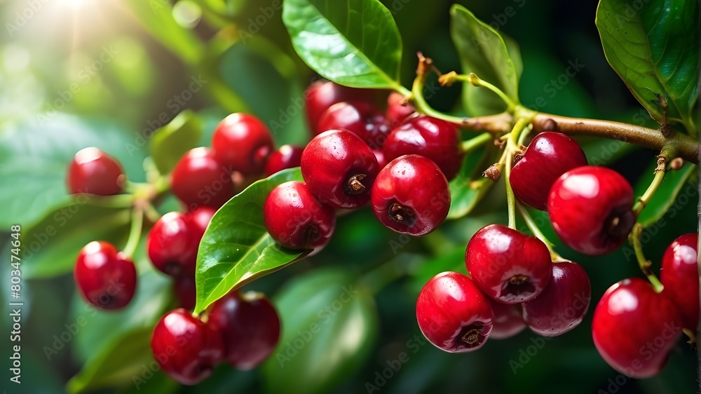 Red coffee cherries with shimmering light effects on lush green greenery. Red coffee cherries with shimmering light effects on lush green greenery.
