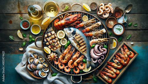 Top-down view of an Italian seafood grill with grilled fish, shrimp, calamari, octopus, and scallops, garnished with lemon and herbs photo