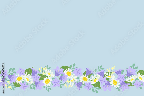 Midsummer celebrations flowers background border frame for Sweden National festival maypole vector illustration. Campanula rotundifolia or harebell flowers photo