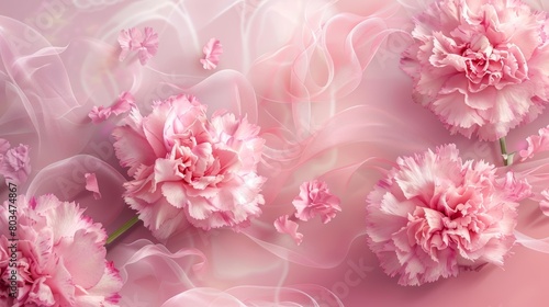 Pink carnations with delicate tulle fabric. Floral digital art composition. Romantic and wedding design concept