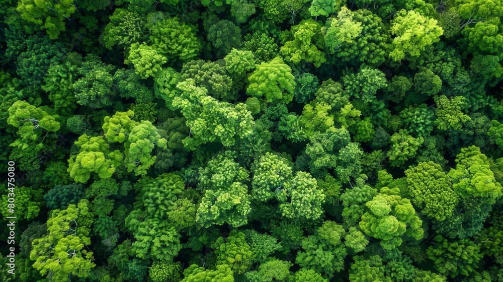 Aerial shot of a lush dense green forest full of life and color.
