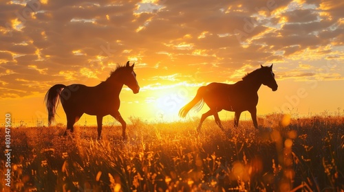 Two horses running in a field at sunset with a dramatic sky. Natural light photography. Freedom and wildlife concept. Design for wallpaper, poster