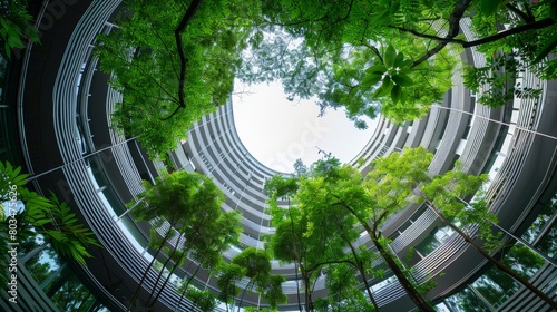 Modern circular building with trees growing inside, promoting green architecture.