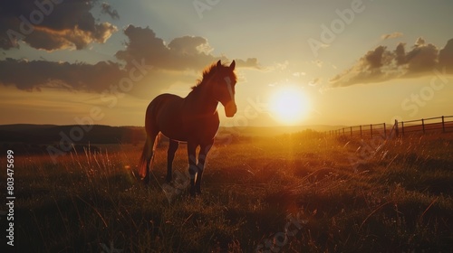 Single horse in a field at sunset with picturesque clouds. Natural light photography. Solitude and nature concept. Design for wallpaper, poster