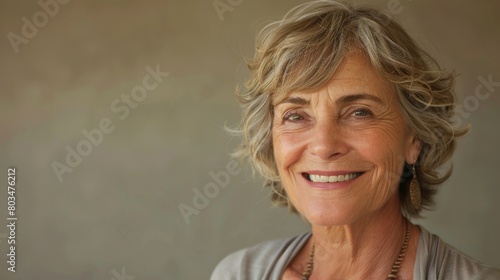 Graceful senior woman with a warm smile in a natural toned background.