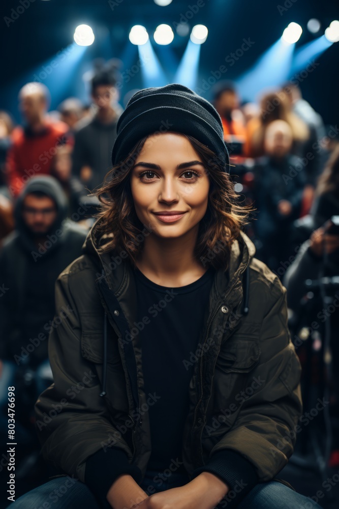 A woman is seated in front of a large crowd of people at a casting audition held by VetalVit. The audience is attentive as aspiring actors showcase their talent A woman is seated in front of a large crowd of people at a casting audition held by VetalVit. The audience is attentive as aspiring actors showcase their talent