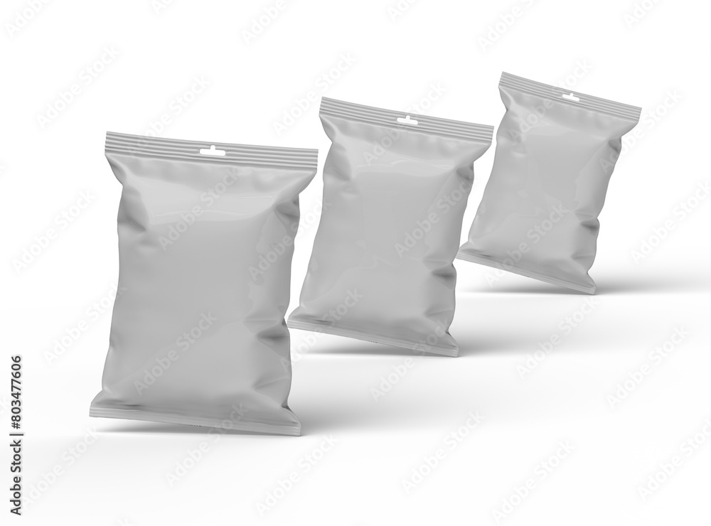 Realistic 3d rendered package for food snack, chips, cookies, peanuts, candy on a transparent background