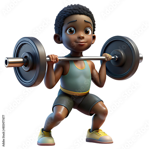 Untitled design -3d black boy weightlifting, squatting with a barbell, muscles straining. isolated on transparent background 92