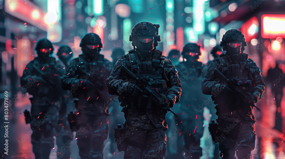 Futuristic soldiers or police in masks holding guns at cyberpunk city, portrait of special military team on dark street at night. Theme of cyber future, modern uniform and wa Futuristic soldiers or police in masks holding guns at cyberpunk city, portrait of special military team on dark street at night. Theme of cyber future, modern uniform and wa