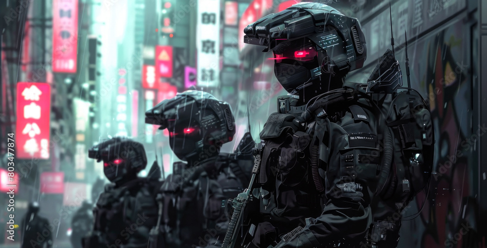 Futuristic soldiers or police in masks holding guns at cyberpunk city in rain, special military team on dark street at night. Theme of cyber future, modern uniform, warfare