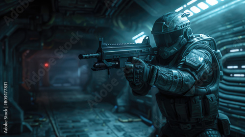 Futuristic soldier in mask holds weapon inside dark spaceship or space base, military man points machine gun in alien spacecraft. Theme of future, warfare and war photo