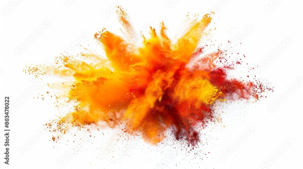 A dramatic and colorful explosion of orange powder captured in mid-air.