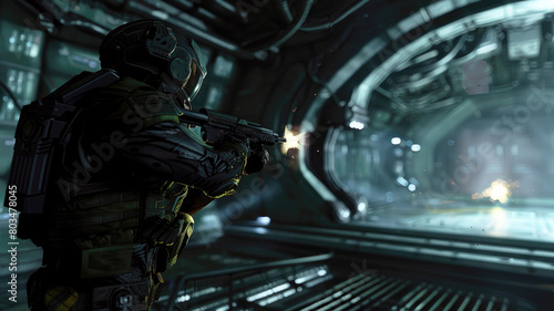 Futuristic soldier fires inside dark spaceship or space base, military shoots from machine gun in alien spacecraft. Theme of uniform, game, future, weapon and war