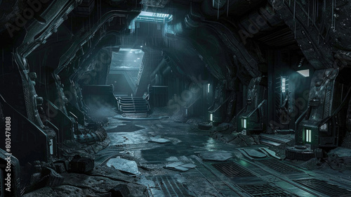 Spooky gloomy interior of alien spaceship or base, scary corridor inside dark extraterrestrial spacecraft, futuristic scene. Theme of future, space, scifi, horror,