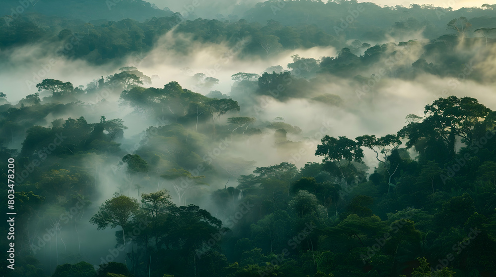 A misty rainforest at dawn, the air thick with fog and the trees cloaked in a ghostly veil, creating an atmosphere of mystery and intrigue A misty rainforest at dawn, the air thick with fog and the trees cloaked in a ghostly veil, creating an atmosphere of mystery and intrigue