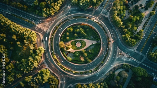 Top down aerial view of transportation highway overpass, ringway, roundabout