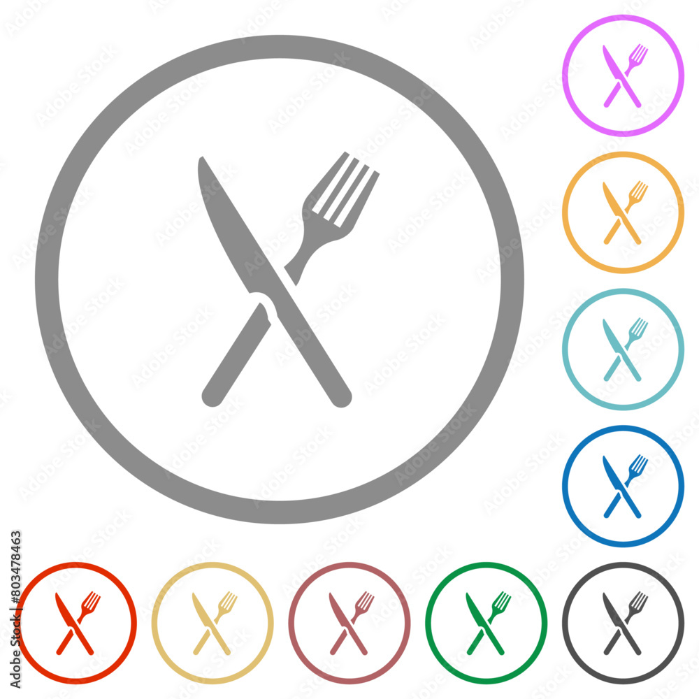 Fork and knife in crossed position flat icons with outlines Fork and knife in crossed position flat icons with outlines