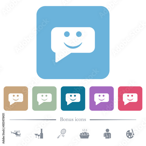 Rounded square smiling chat bubble solid flat icons on color rounded square backgrounds