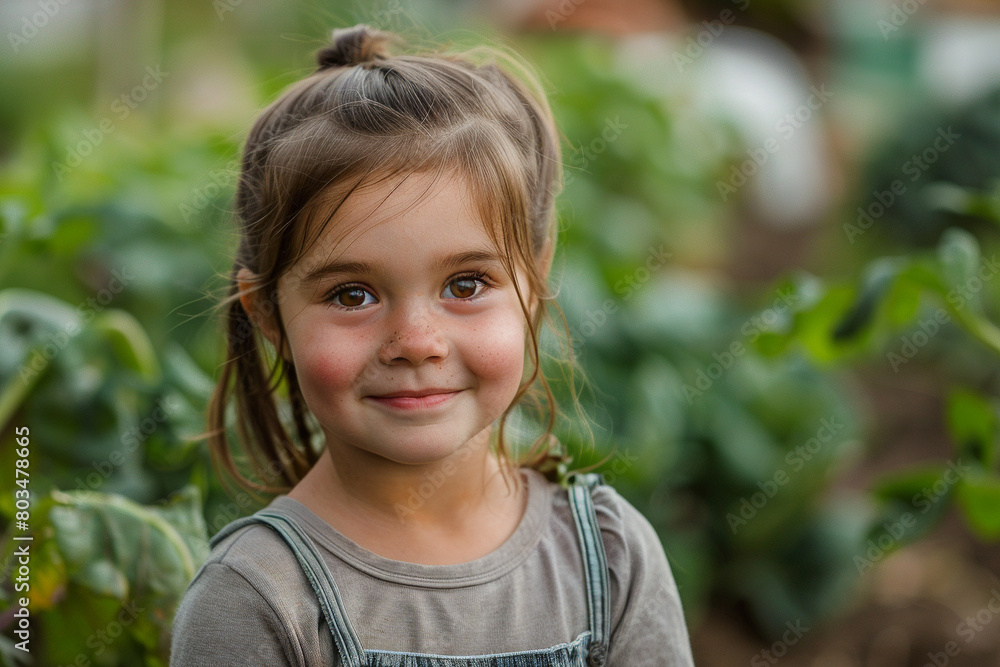 A Caucasian girl kid smiling in the middle of a vegetable garden. A Caucasian girl kid smiling in the middle of a vegetable garden.