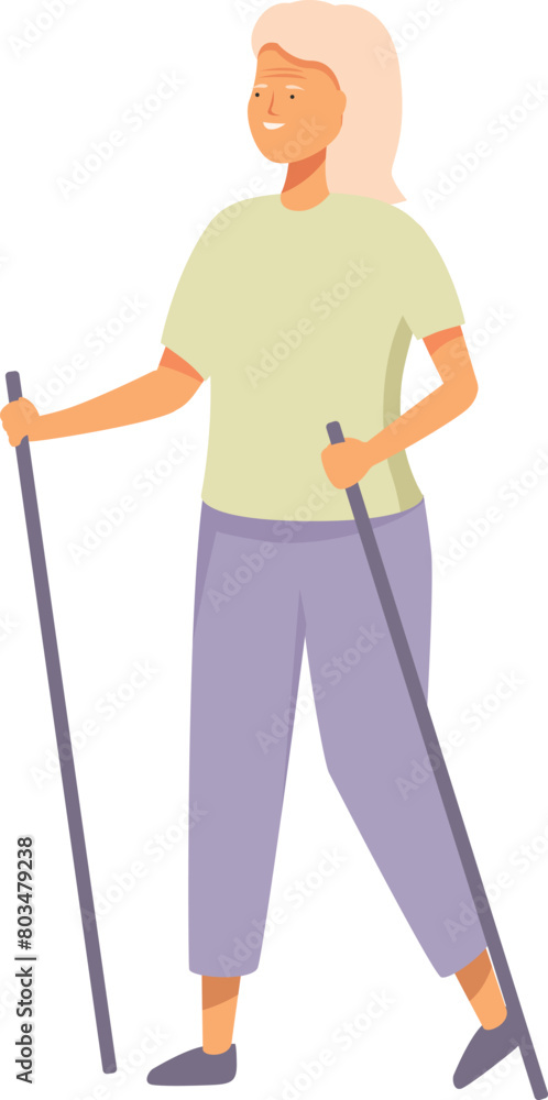 Senior woman nordic walk icon cartoon vector. Trekking activity. Recreation age Senior woman nordic walk icon cartoon vector. Trekking activity. Recreation age
