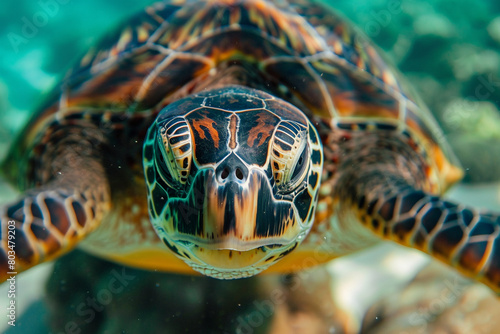 An intimate close-up shot of a turtle swimming near the shores of Heart Island.