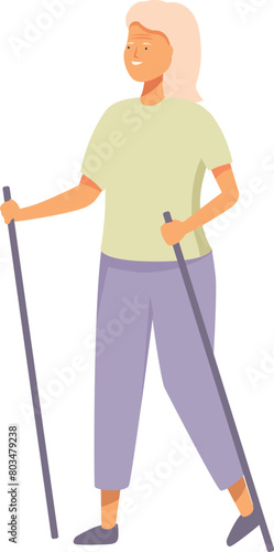 Senior woman nordic walk icon cartoon vector. Trekking activity. Recreation age