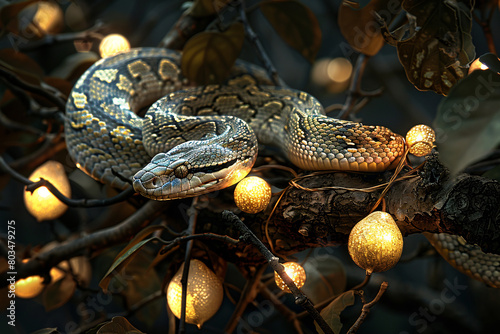 The snake in the Garden of Eden, a snake in a tree surrounded by The serpent in the Garden of Eden, a snake in a tree surrounded by fruits photo