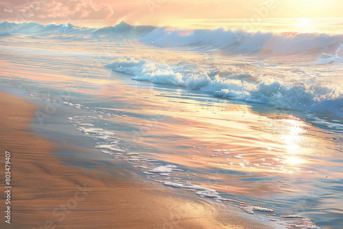 An image depicting the seashore at dawn, capturing the quiet and soft light of the early morning as it illuminates the beach, waves, and any early risers - Generative AI photo