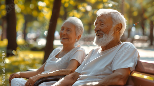 Elderly couple sitting on a bench in the park