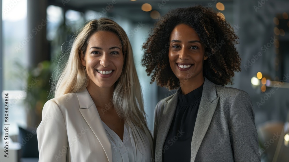 Two professional women smiling confidently in a stylish office setting.