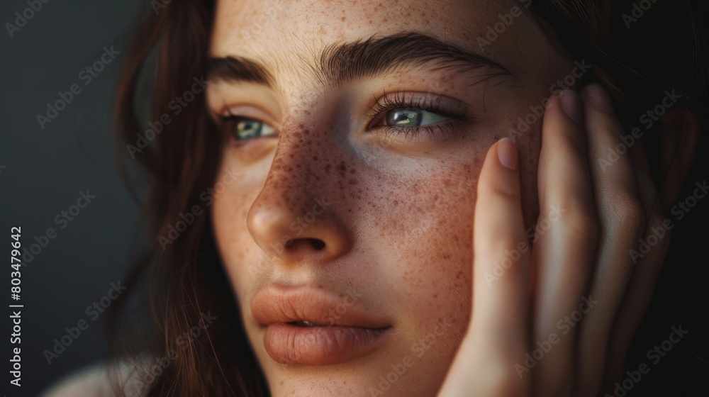 Close-up of a young woman with freckles looking pensively with green eyes. Close-up of a young woman with freckles looking pensively with green eyes.