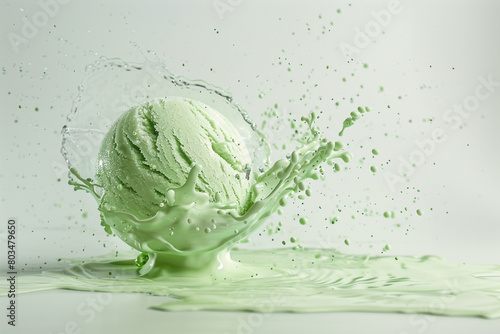 An isolated green ice cream ball floating in mid-air, with a splash that adds a sense of motion and excitement. © Faisu