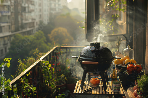 Making barbecue on the balcony in a city apartment