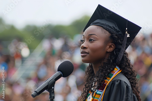 A young black female valedictorian giving a speech at her college graduation ceremony. She's wearing the traditional cap and gown and is speaking into a microphone