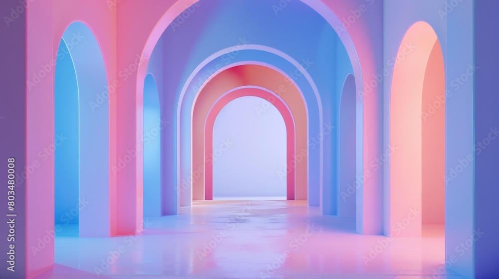 A vibrant corridor with a series of pastel-colored arches, ideal for modern design.